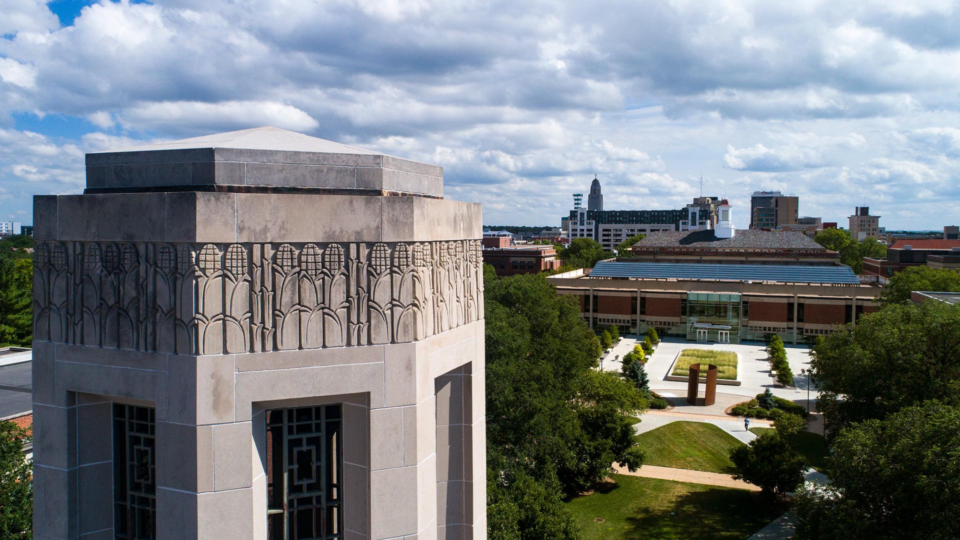 bell tower facing and overlooking the unl city campus union